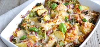 An oven bake made with leftover potatoes, broccoli and onions.