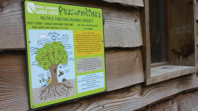 Sign on the side of a wooden building outline permaculture